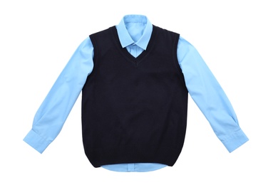 Photo of School uniform for boy on white background, top view