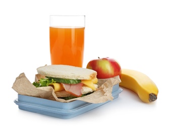 Photo of Lunch box with appetizing food and glass of juice on white background