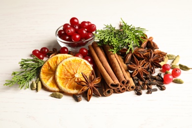 Photo of Composition with mulled wine ingredients on white table