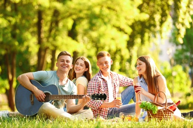 Photo of Young people enjoying picnic in park on summer day