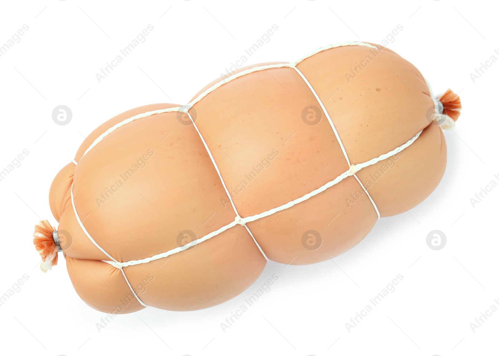 Photo of Whole delicious boiled sausage isolated on white, top view