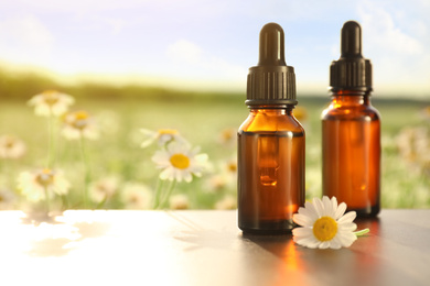 Photo of Bottles of chamomile essential oil on table in field. Space for text