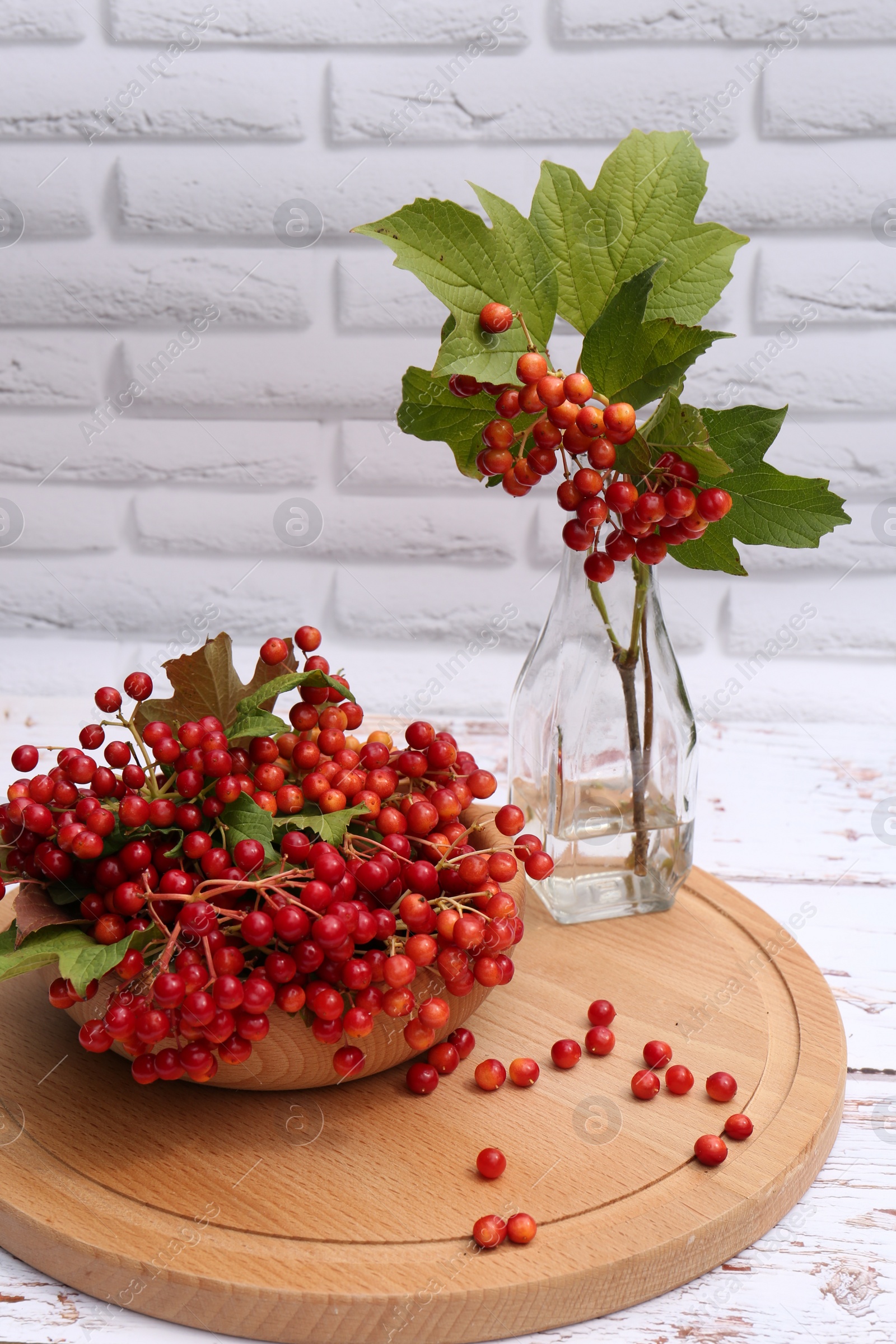 Photo of Composition with ripe red viburnum berries on white wooden table