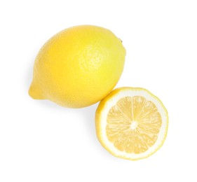 Photo of Fresh ripe lemons on white background, top view