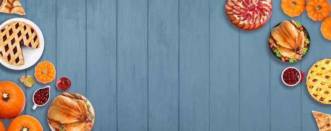 Image of Flat lay composition with different tasty pies on blue wooden table, space for text. Banner design