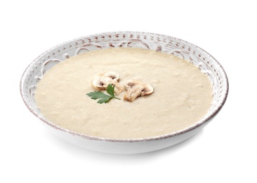 Photo of Bowl of fresh homemade mushroom soup on white background