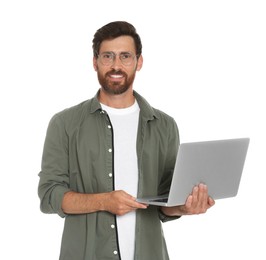 Photo of Handsome man holding laptop on white background