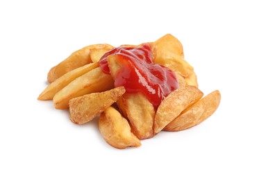 Photo of Delicious baked potato wedges with ketchup on white background