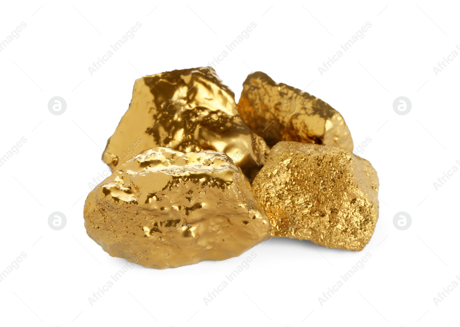 Photo of Many shiny gold nuggets on white background