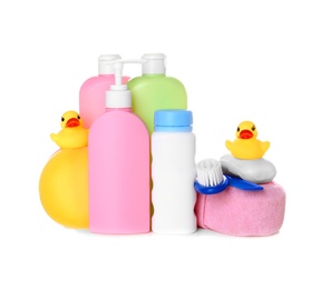 Photo of Set of baby accessories on white background