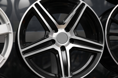 Photo of Alloy wheel in auto store, closeup view