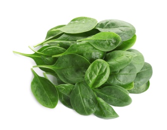 Photo of Pile of fresh green healthy baby spinach leaves on white background, top view