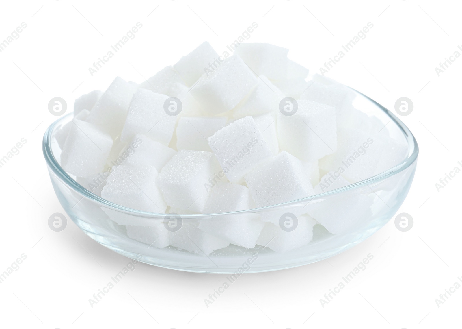Photo of Sugar cubes in bowl isolated on white