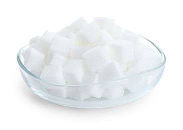 Photo of Sugar cubes in bowl isolated on white
