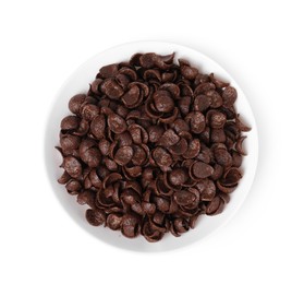 Photo of Breakfast cereal. Chocolate corn flakes in bowl isolated on white, top view