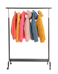 Photo of Rack with stylish jackets isolated on white
