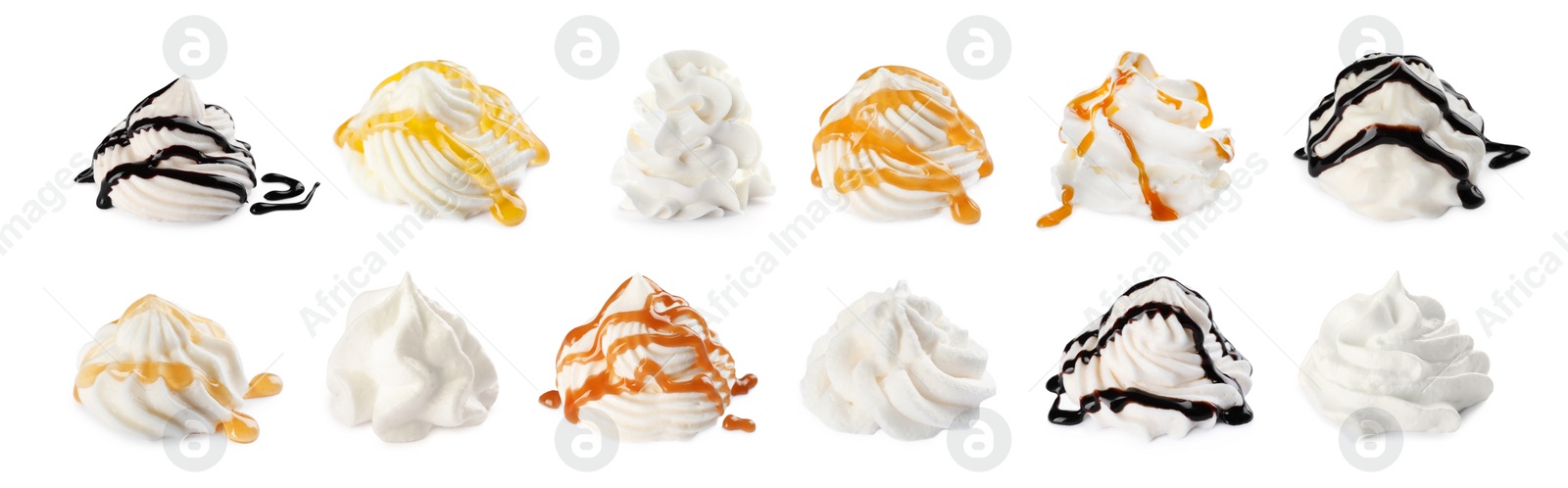Image of Set with delicious fresh whipped cream on white background. Banner design