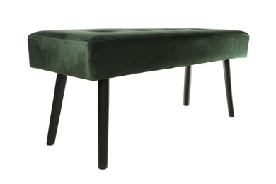 Photo of Stylish dark green velvet indoor bench isolated on white