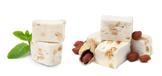 Image of Delicious nougat, mint and peanuts on white background