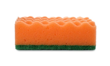Photo of Orange cleaning sponge with abrasive green scourer isolated on white