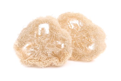 Photo of Loofah sponges isolated on white. Personal hygiene product