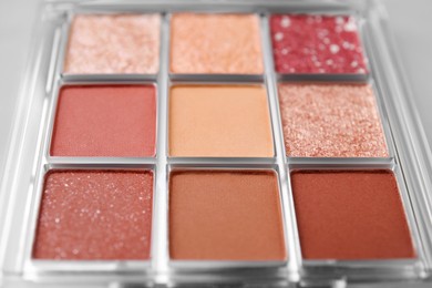 Photo of Beautiful eyeshadow palette as background, closeup. Professional cosmetic product