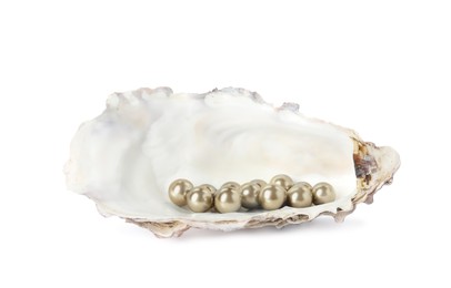 Photo of Oyster shell with golden pearls on white background