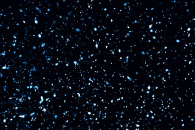 Photo of Snow flakes falling on black background. Winter weather