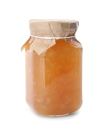 Photo of Delicious pear jam in glass jar isolated on white