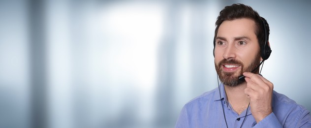 Image of Hotline operator with headset on light background, space for text. Banner design