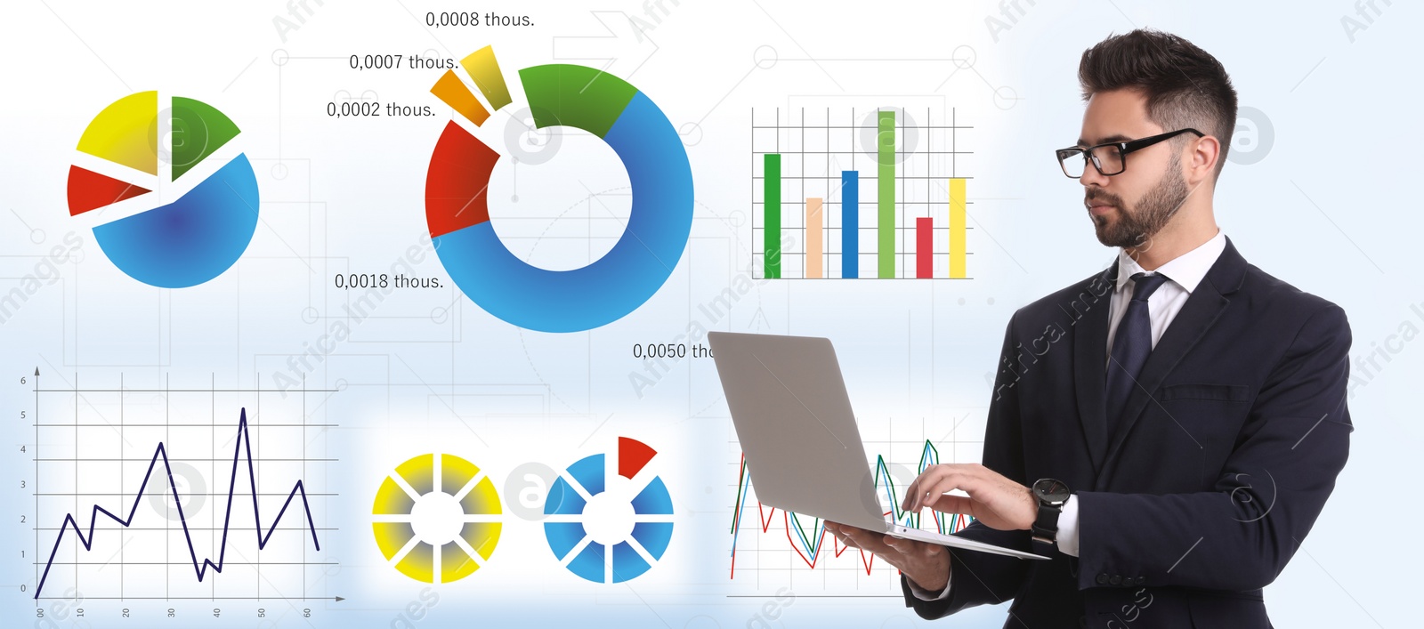 Image of Finance trading concept. Young man with laptop and charts, banner design