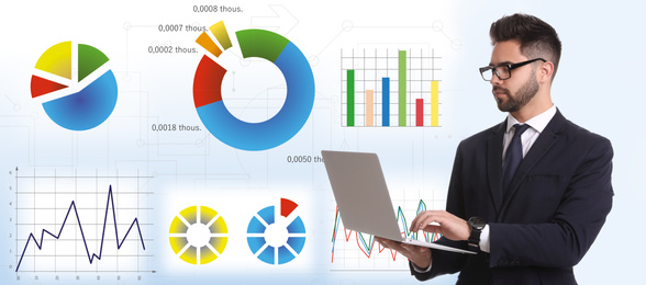 Finance trading concept. Young man with laptop and charts, banner design