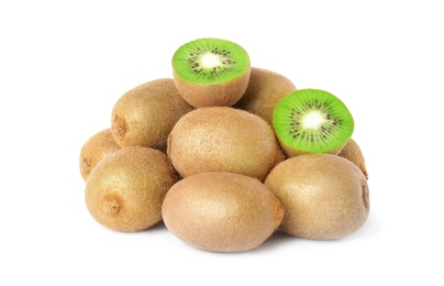 Photo of Cut and whole fresh kiwis on white background
