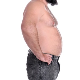 Photo of Fat man on white background, closeup. Weight loss