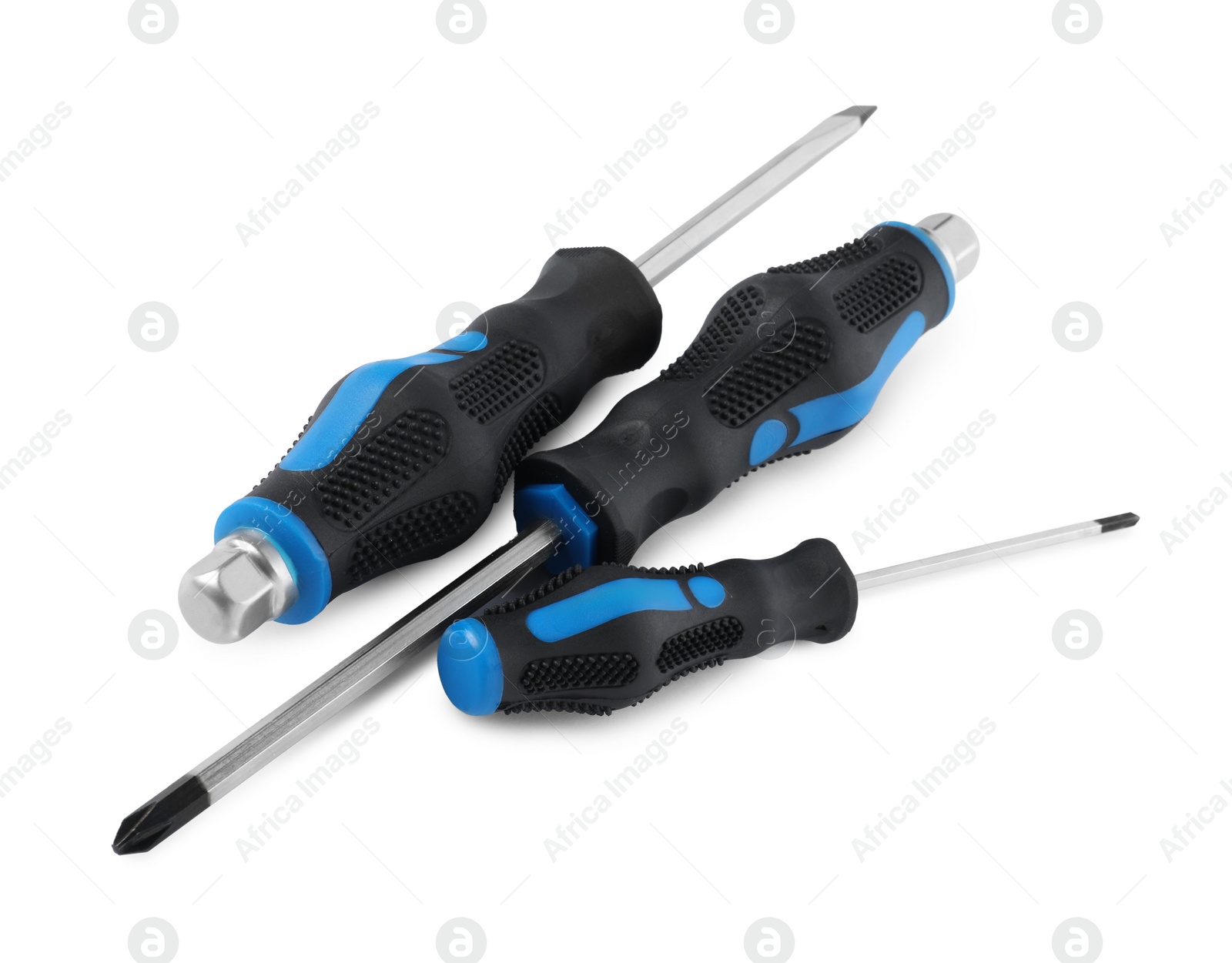 Photo of Set of screwdrivers with blue handles isolated on white