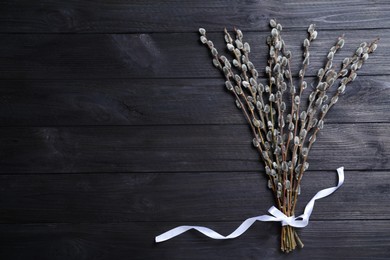 Photo of Beautiful bouquet of pussy willow branches on black wooden background, top view. Space for text