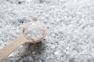 Photo of Natural salt and wooden spoon, closeup view