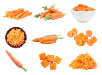 Image of Set with cut fresh carrots on white background