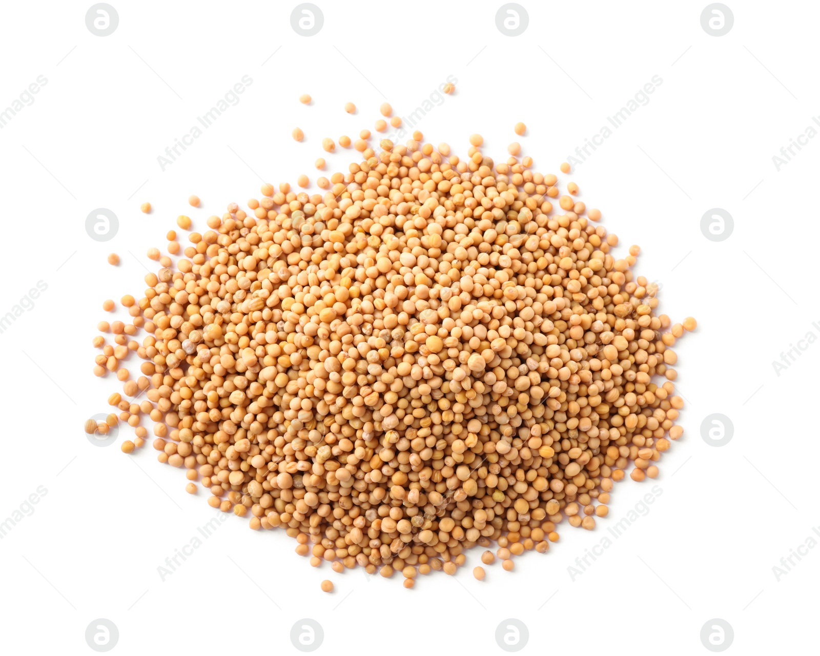 Photo of Heap of mustard seeds isolated on white, top view