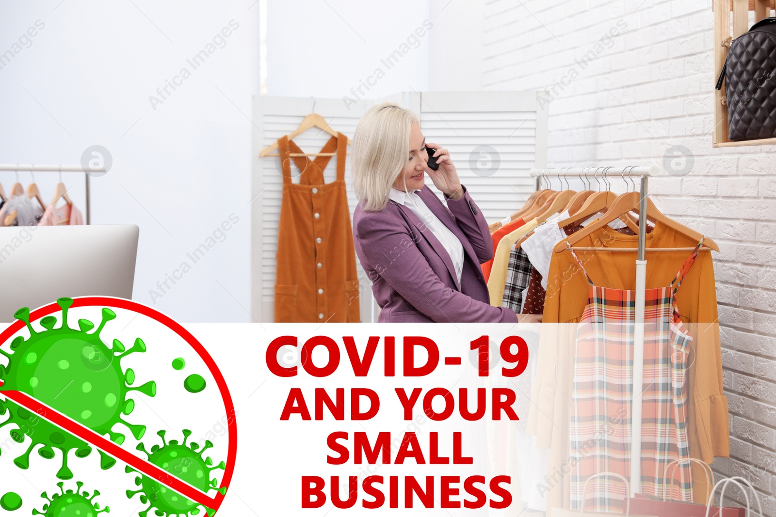 Image of Mature woman talking on phone in own boutique. Small business crisis during covid-19 outbreak