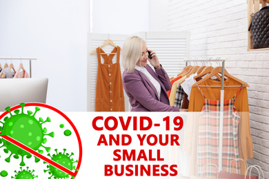 Mature woman talking on phone in own boutique. Small business crisis during covid-19 outbreak