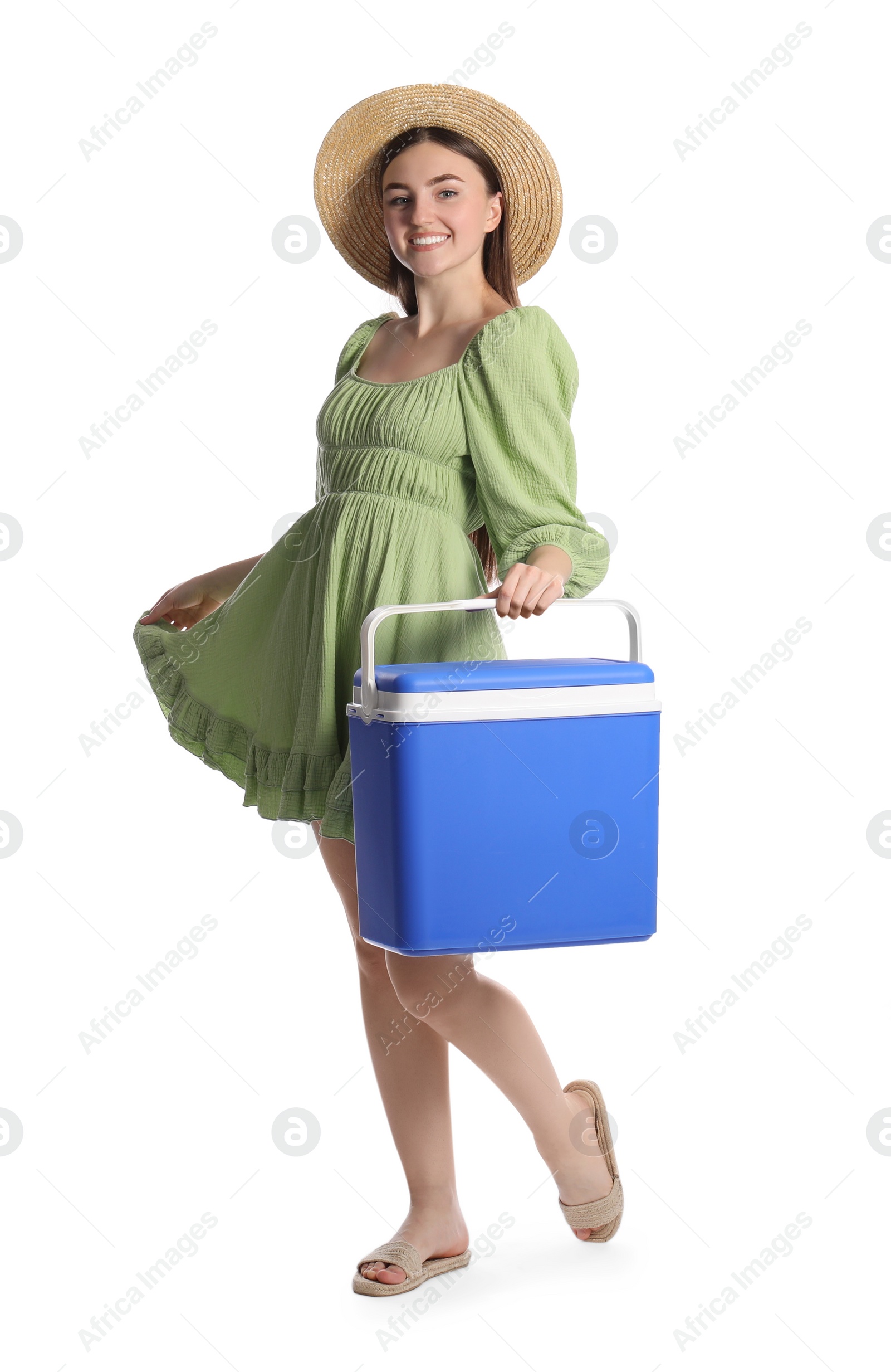 Photo of Happy young woman with plastic cool box isolated on white