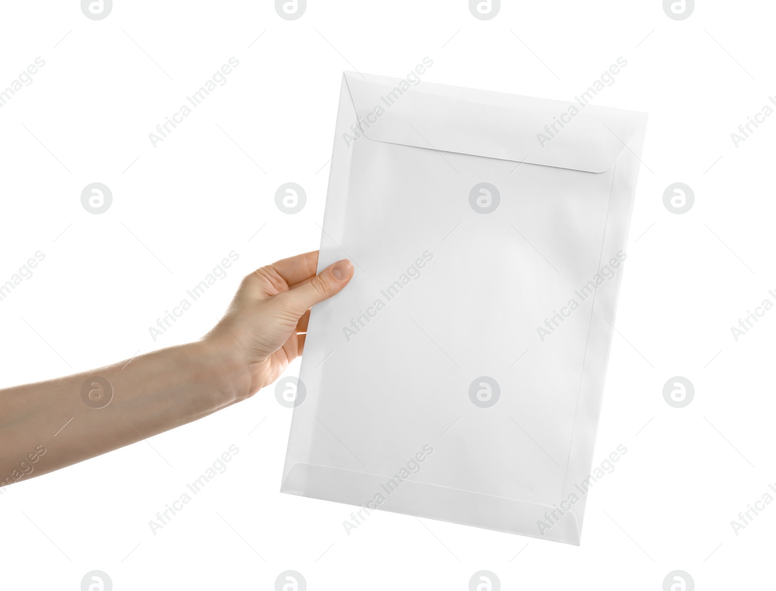 Photo of Woman holding paper envelope on white background, closeup