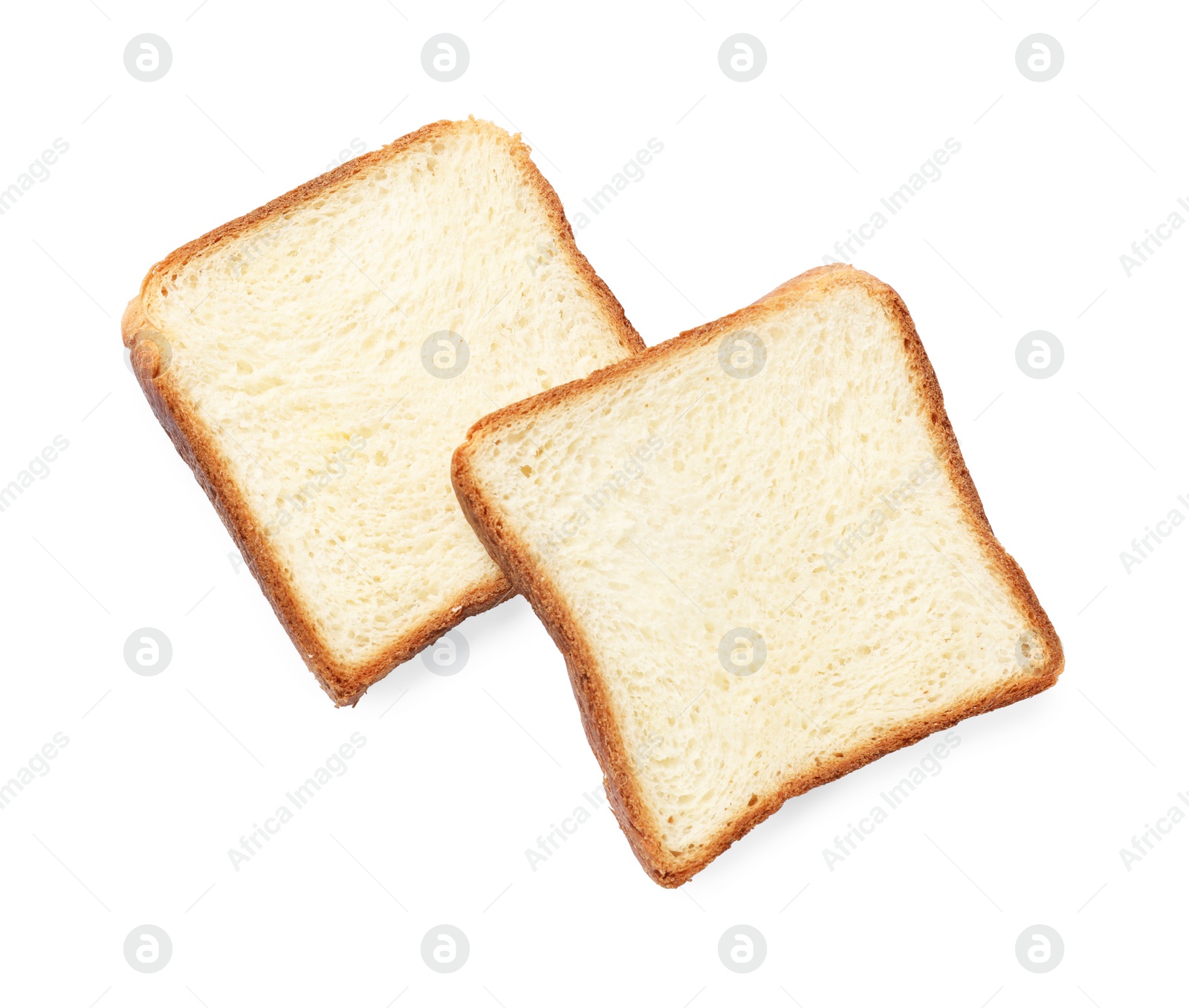 Photo of Pieces of fresh toast bread isolated on white, top view