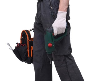 Photo of Professional repairman with tool box and electric screwdriver on white background