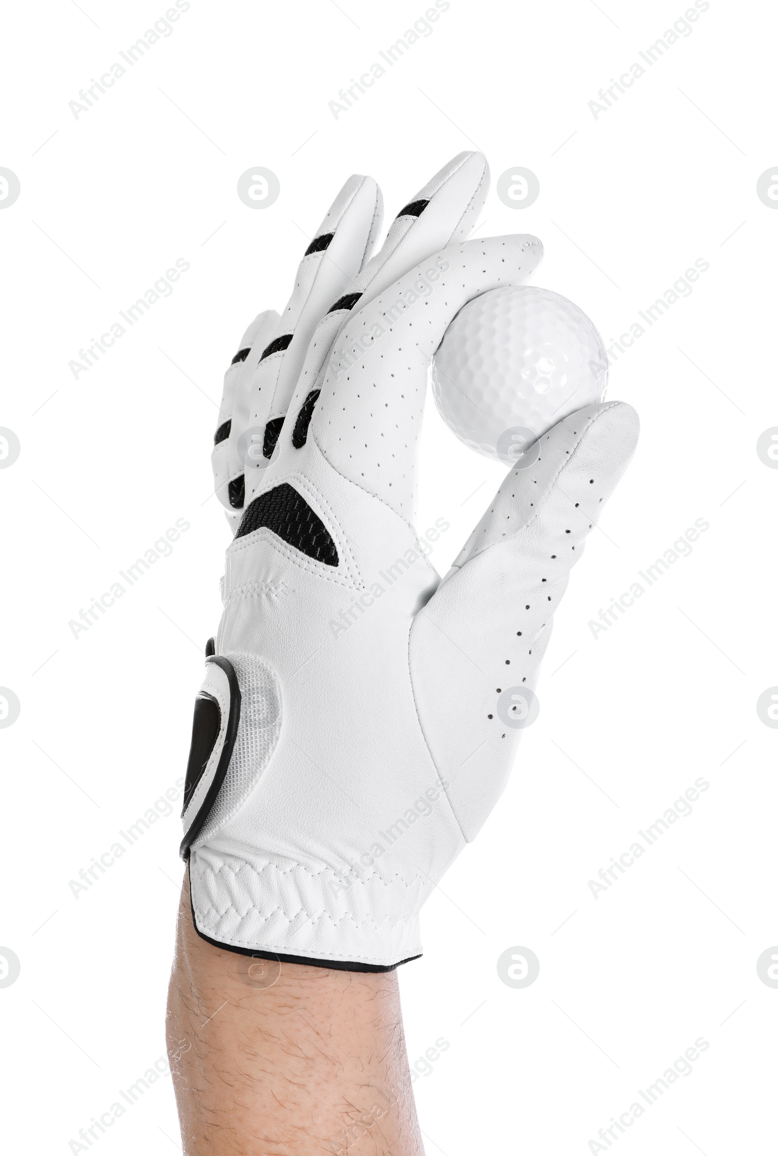 Photo of Man holding golf ball on white background, closeup