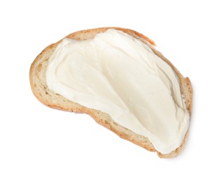 Photo of Slice of bread with tasty cream cheese isolated on white, top view