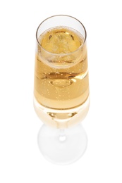 Photo of Glass of champagne on white background. Festive drink