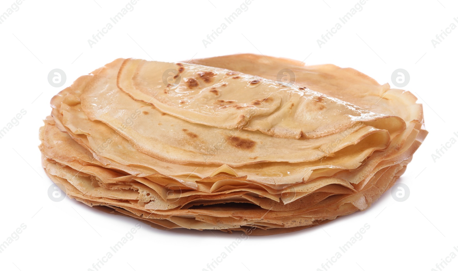 Photo of Stack of delicious crepes on white background