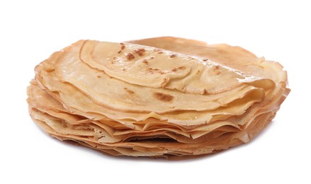 Photo of Stack of delicious crepes on white background